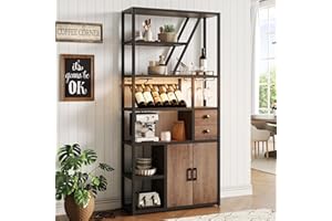 Garvee Wine Bar Cabinet with LED Lights, 71in Tall Liquor Cabinets with Power Outlets and Glass Holder, Coffee Bar Station Hu