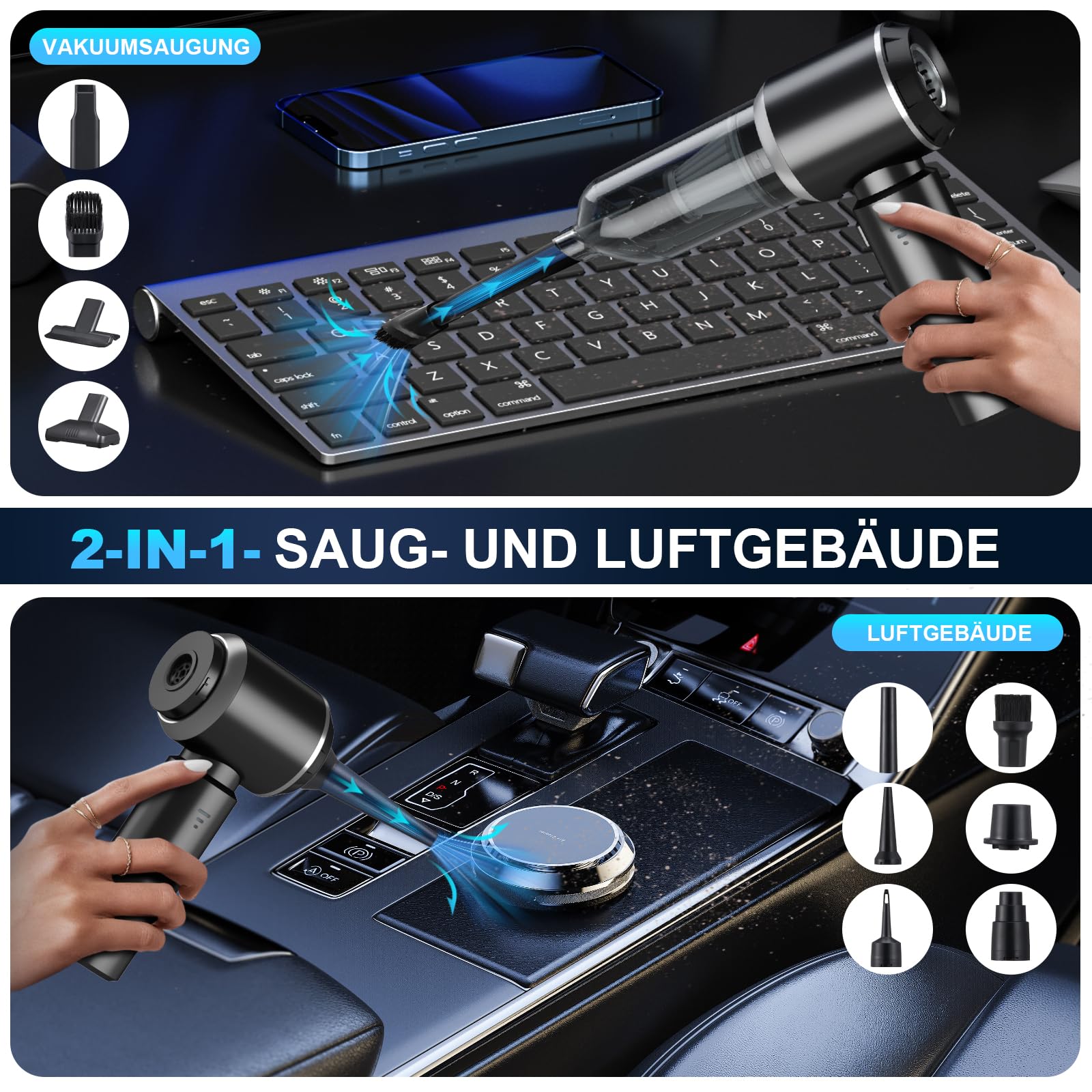 2-in-1 Handstaubsauger Akku,28000PA Handstaubsauger Kabellos,Auto Staubsauger Stark,3-Gang 240000 U/min Elektrische Staubgebläse Druckluftspray für Auto, Küche,PC, Sofa, Büro, Haus& Tierhaar Reinigung 2