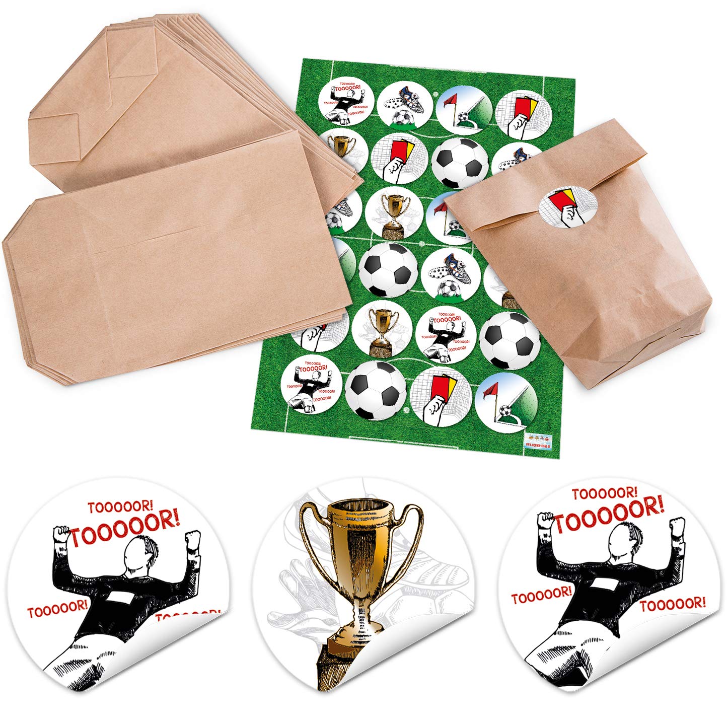 24 Small Brown Natural Party Bags Football Children's Birthday 14 x 22 x 5.6 cm + 24 Stickers with Football Motifs for Football Fans for Birthday 4 cm for Migebsel