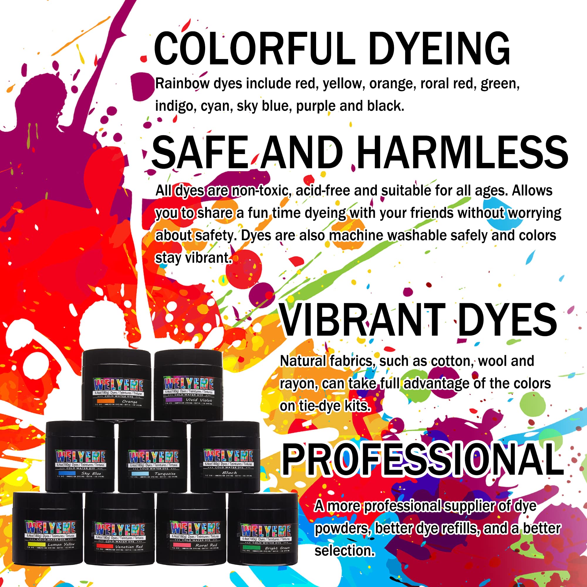 Tie Dye Powder Bulk, 9 Pack Fabric Dye Set for Clothes, Cold Water Tie-Dye Kit