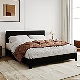 Allewie Full Size Bed Frame with Adjustable Headboard, Faux Leather Platform Bed with Wood Slats, Heavy Duty Mattress Foundation, No Box Spring Needed, Noise-Free, Easy Assembly, Black