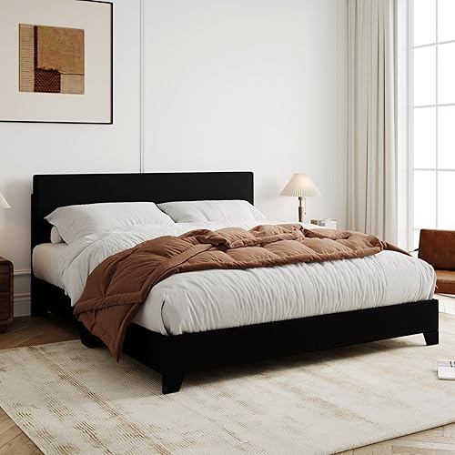 Allewie Queen Bed Frame with Adjustable Headboard, Faux Leather Platform Bed with Wood Slats, Heavy Duty Mattress Foundation, No Box Spring Needed, Noise-Free, Easy Assembly, Black