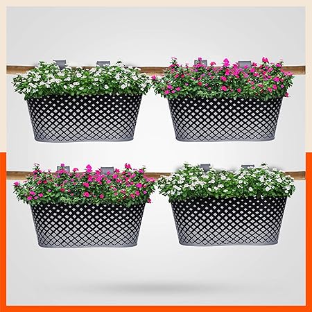 Patio by Bathla - Dia Hanging Metal Pot Holders/Planters for Balcony/Garden |Corrosion Resistant with Detachable Double Hooks |Ash - Set of 4