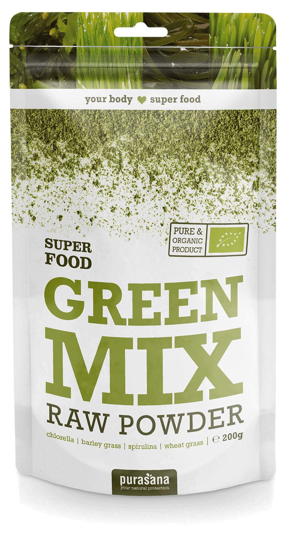 Purasana green mix raw powder, organic spirulina chlorella wheat grass barley grass - raw, no gluten, lactose, without additives, 200 gram