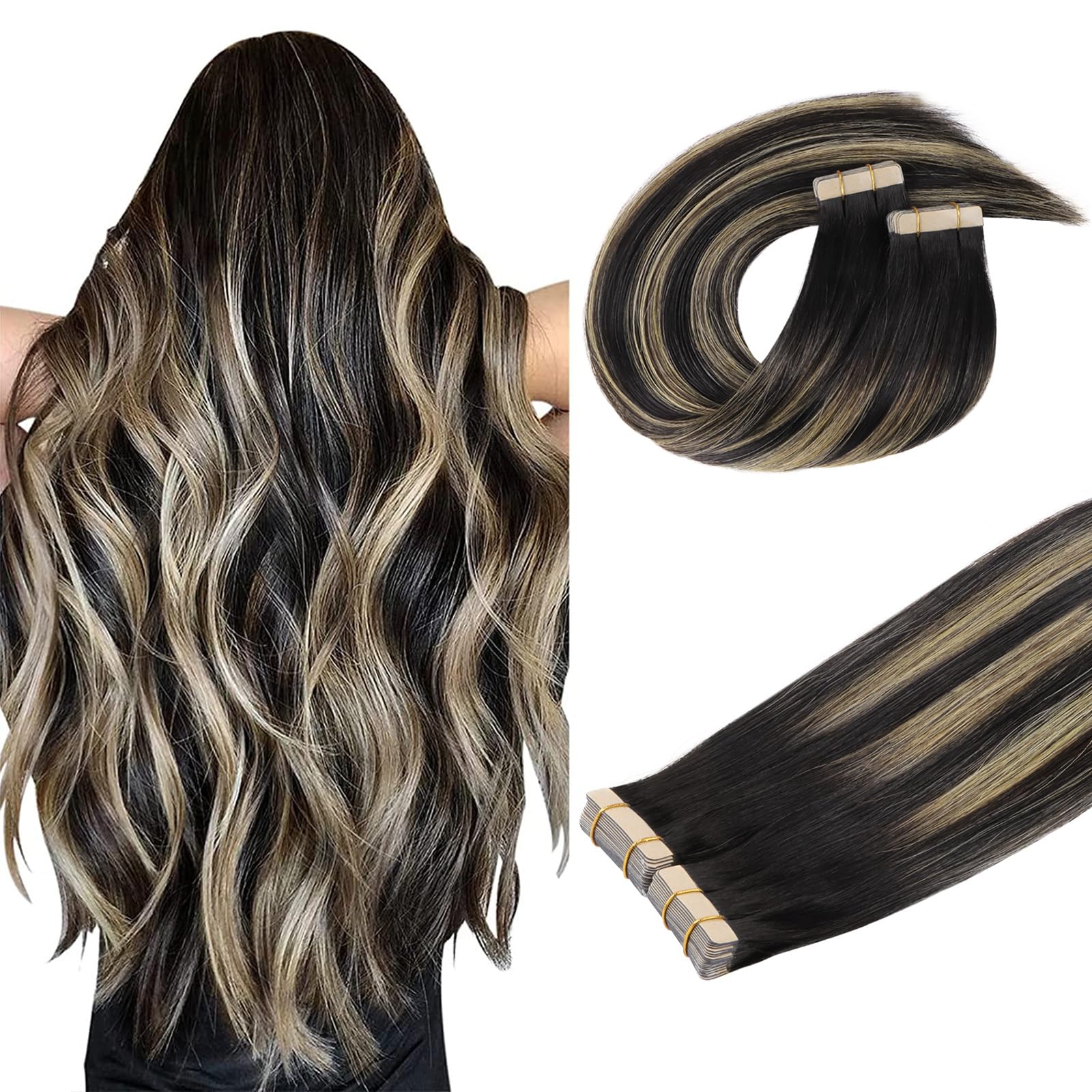DOORES Human Hair Extensions Tape in, Balayage Natural Black to Light Blonde 22 Inch 100g 40pcs, Tape in Hair Extensions Remy Straight — image 1