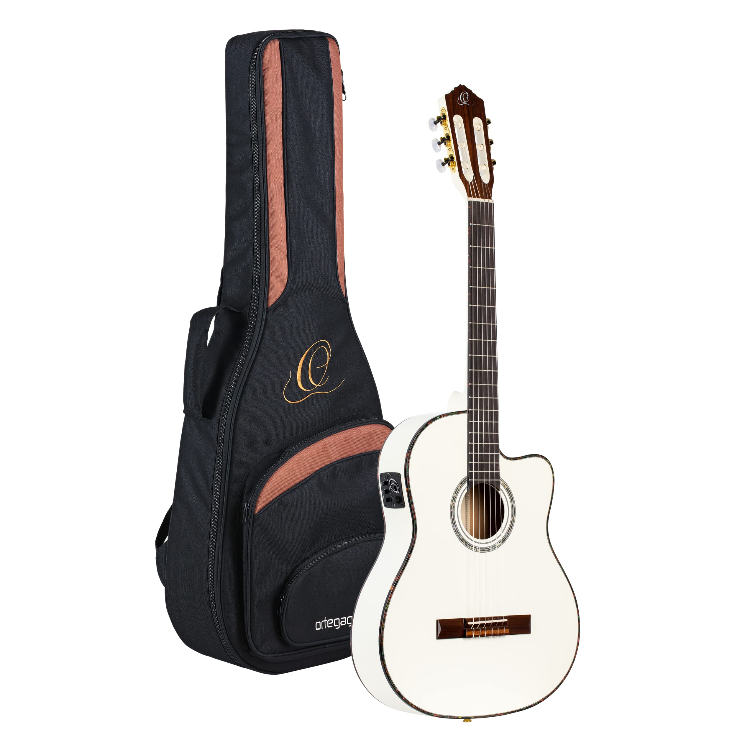 Ortega Guitars Classical Guitar Electro-Acoustic – 4/4, Slim Neck, Thinline Body – Family Series Pro – Including Gig Bag – Solid Engelmann Spruce, Mahogany, White (RCE145WH)