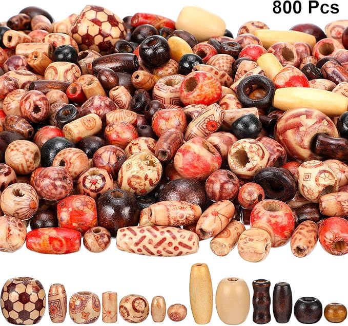 800 Pieces Printed Wooden Beads Loose Wood Beads Assorted