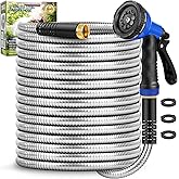 Garden Hose 50 ft, Stainless Steel Metal Hose, Flexible Water Hose with 10 Function Nozzl, Kink Free, Leak-Proof, Heavy Duty Hose for Yard, Outdoor, Lawn, RV, Car Wash and Camper Use