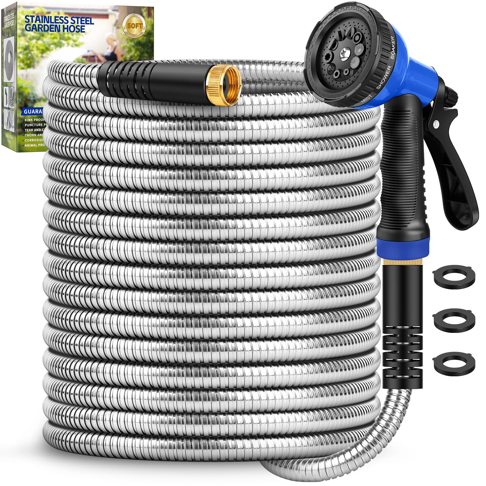 Garden Hose 50 ft, Stainless Steel Metal Hose, Flexible Water Hose with 10 Function Nozzle, Kink Free, Leak-Proof, Heavy Duty Hose for Yard, Outdoor, Lawn, RV, Car Wash and Camper Use Image