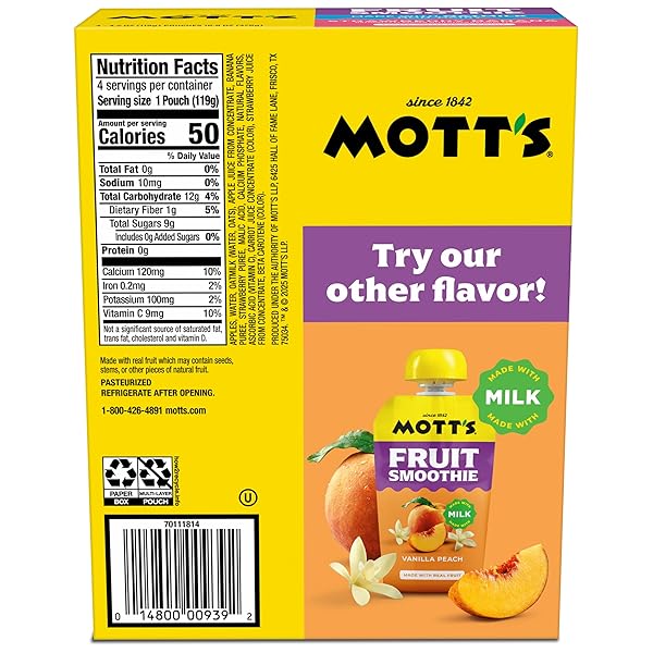 MOTT’S FRUIT SMOOTHIES STRAWBERRY BANANA, 4.2 OZ CLEAR POUCHES, 4 PACK, NON-DAIRY, MADE WITH OATMILK, MADE WITH REAL FRUIT, GOOD SOURCE OF CALCIUM, ON-THE-GO