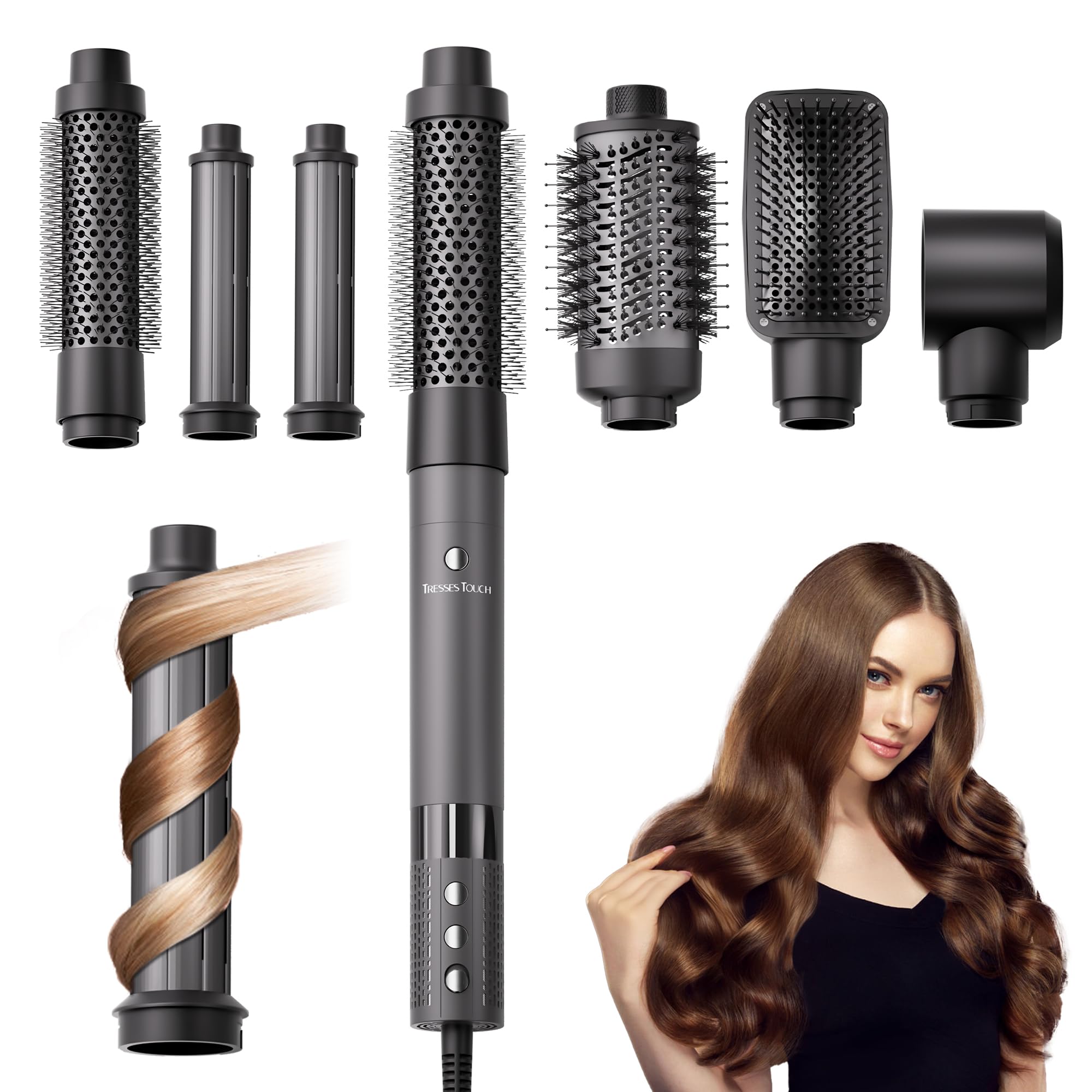 Photo 1 of 6 in 1 Air Wrap Hair Styler - Hair Dryer Brush Set, Powerful Multi-Styler Blow Dryer Brush with Auto-Wrap Curlers, thermal Brushes for Drying/Curling/Straightening, Hair Styling Tools for Travel, Grey