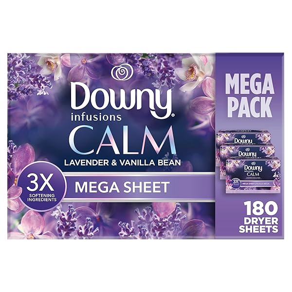 DOWNY CALM MEGA DRYER SHEETS, LARGE FABRIC SOFTENER SHEETS FOR LAUNDRY , STATIC GUARD & SOFTNESS BOOST, LAUNDRY DRYER AND FABRIC SHEETS, 180 COUNT