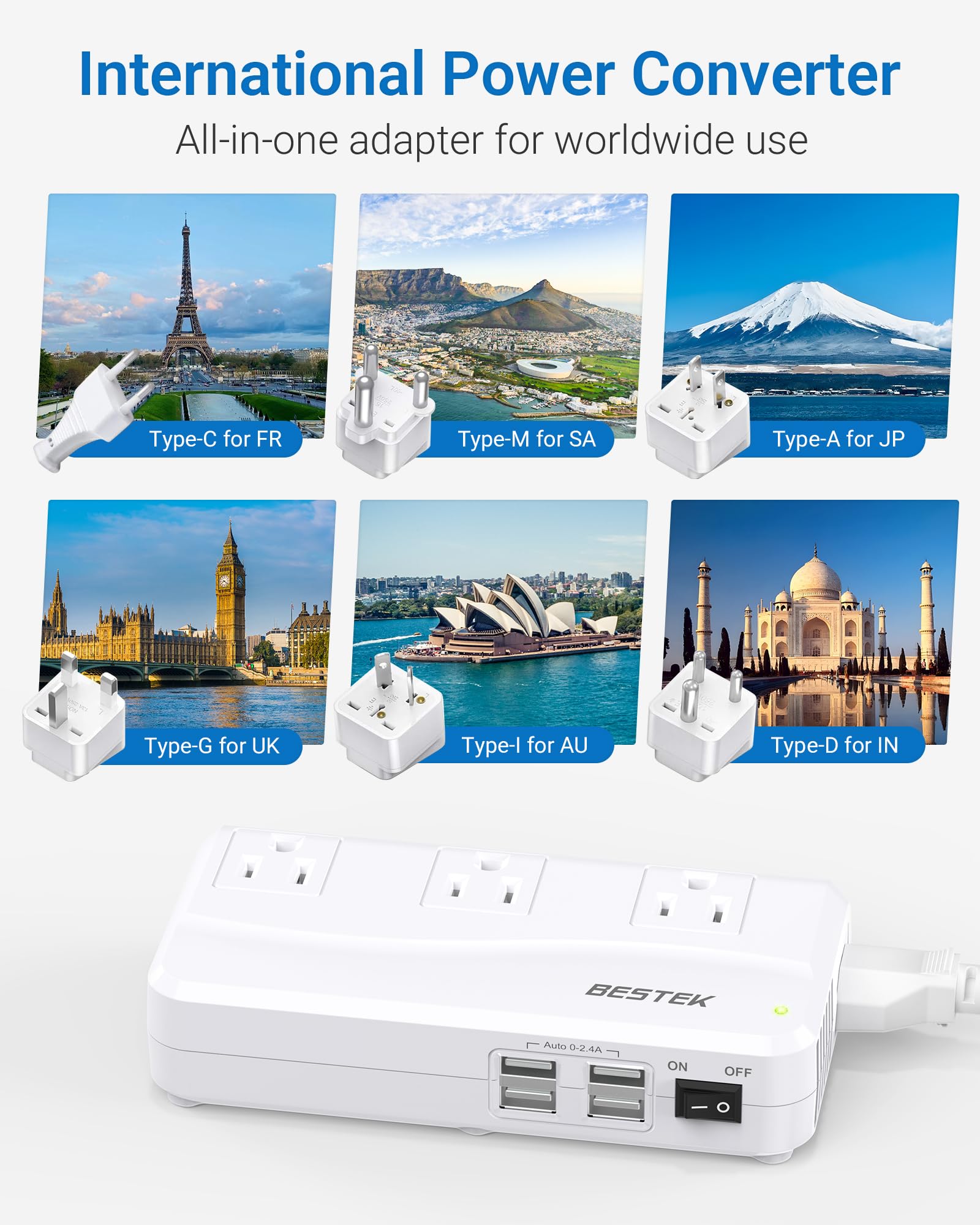 BESTEK 220v to 110v Voltage Converter, US to Europe Converter for Hair Straightener/Curling Iron, Power Converter for European Travel, (EU/UK/AU/JP/India/South Africa Universal Plug Adapter)