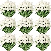 Yunlly 200 Pcs White Artificial Tulips Bulk PU Faux Tulips with Stem Bouquet Centerpieces Real Touch Fake Flower for Wedding Arrangement Bouquets Party Decorations(White)