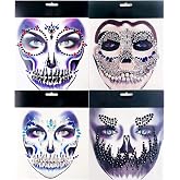 ZCMG 4 Pcs Halloween Face Gems Jewels Day of The Dead Sugar Skull Temporary Stickers Women Rhinestone Masquerade Face Crystal Tattoos Skeleton Makeup Cosplay Dress Up Holiday Festival Party Supplies