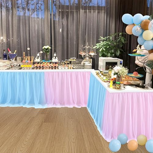 Baby Blue Tulle Table Skirt – 14ft Tutu Tablecloth With LED Lights For Boy Birthday & Baby Shower Decor