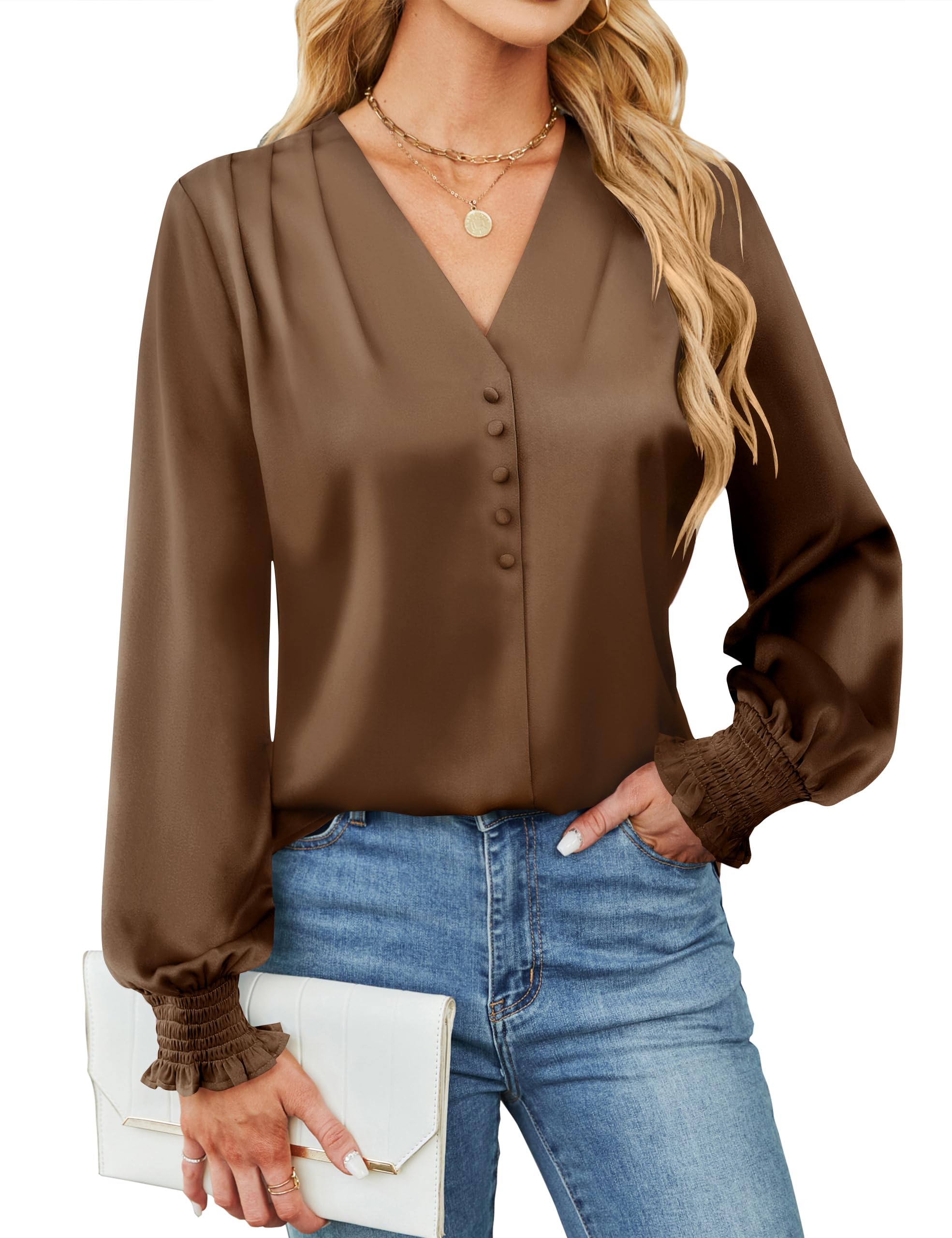 Photo 1 of BMJL Women's Blouses Dressy Casual Satin Silk Long Sleeve Shirts Business Casual Tops(Coffee,M)