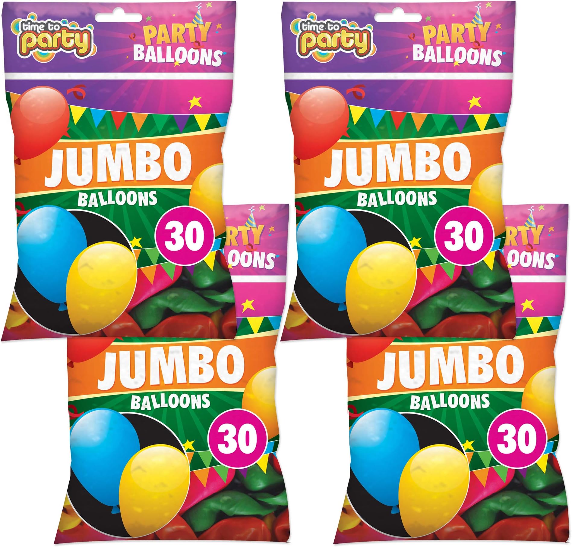 120pk Jumbo Balloons | 4 x 30pk Latex Coloured Balloon Decorations for Boys and Girls | Includes Party Games Ebook