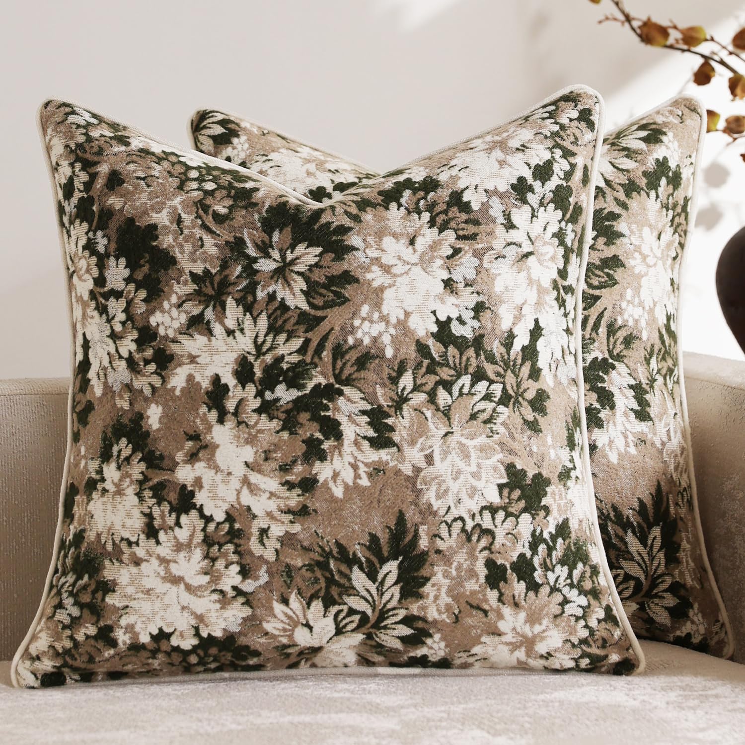 DEZENE Pack of 2 Vintage Floral Euro Sham Covers 24x24 Boho Farmhouse Accents Chenille Square Decorative Throw Pillow Cases for Living Room Couch Bed Home Decor, Green and Taupe
