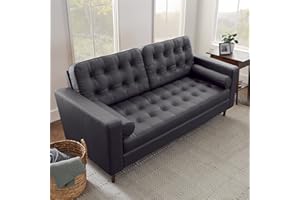 Edenbrook Lynnwood Upholstered Sofa - Couch for Living Room Office or Bedroom - Mid-Century Modern Design Furniture - Buttonless Tufting - Simple Assembly - 2 Bolster Pillows - Black Faux Leather