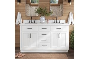 ARIEL 61" White Double Bathroom Vanity with Sink, 1.5" Edge Pure White Quartz Countertop & Backsplash, Rectangular Sinks, 4 Soft Closing Doors, 4 Full Extension Dovetail Drawers, Toe Kick, Matte Black