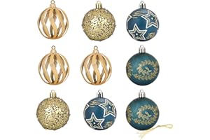 2.36"/60mm Blue Gold Christmas Balls Ornaments Set, NEVSETPO 9PCS Xmas Tree Decorations Shatterproof Creative Design Exquisite Hanging Balls for Holiday Party Wedding Decoration Gift