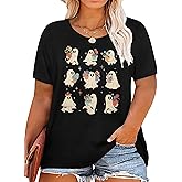 Plus Size Halloween Shirts for Women Cute Ghost Shirt Fall Graphic Tees Spooky Season Top Pumpkin Short Sleeve Tops