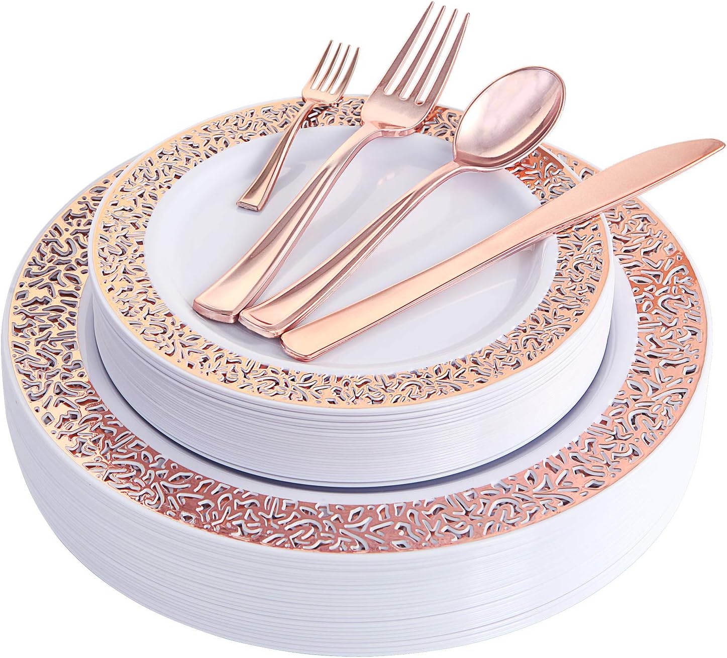WDF 150PCS Rose Gold Plastic Plates with Disposable Plastic Silverware,Lace Design Plastic Tableware sets include 25 Dinner Plates,25 Salad Plates,25 Forks, 25 Knives, 25 Spoons/Bonus 25 Mini Forks