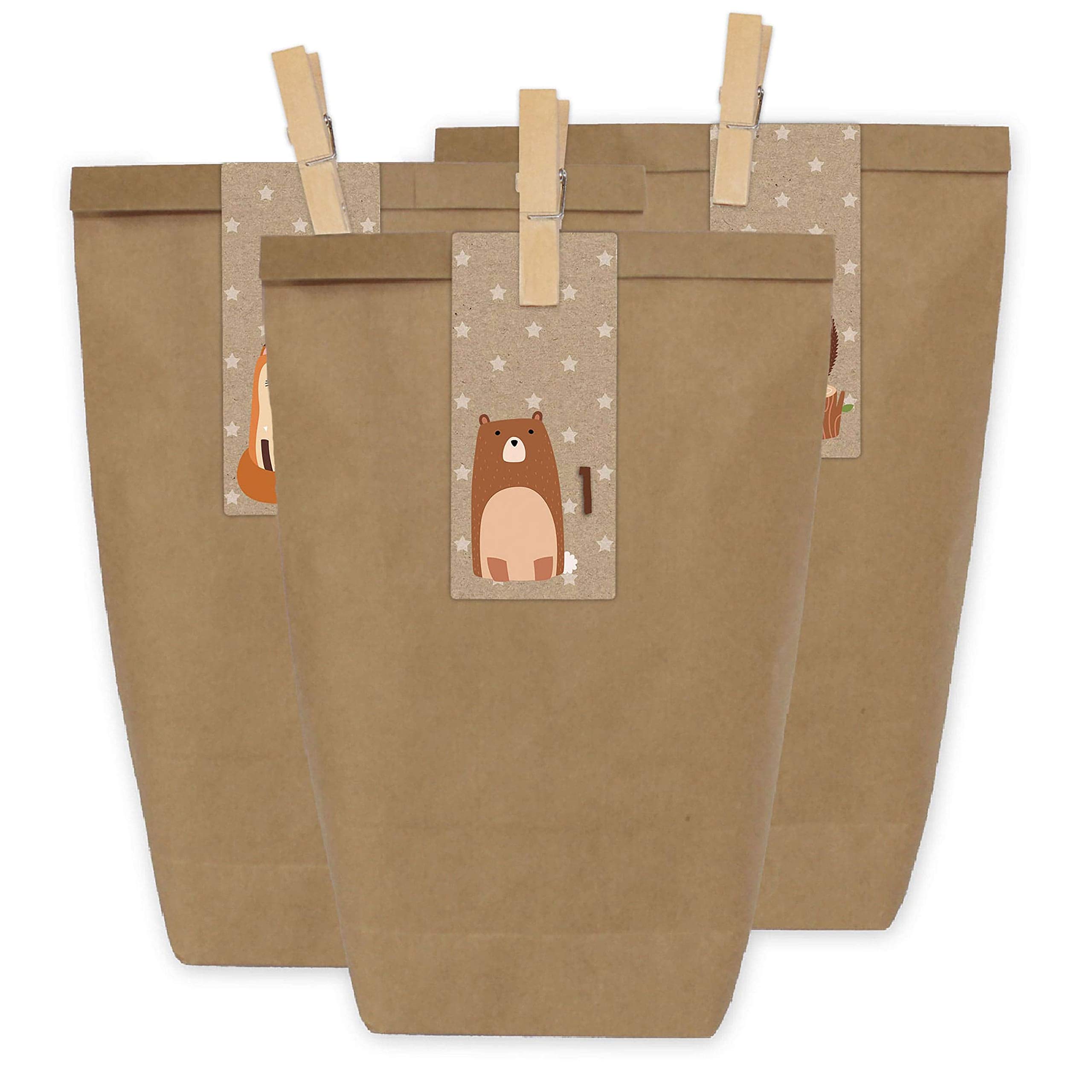 Papierdrachen Advent calendar 24 paper bags with stickers and 24 wooden clips - rectangular - brown design - 34