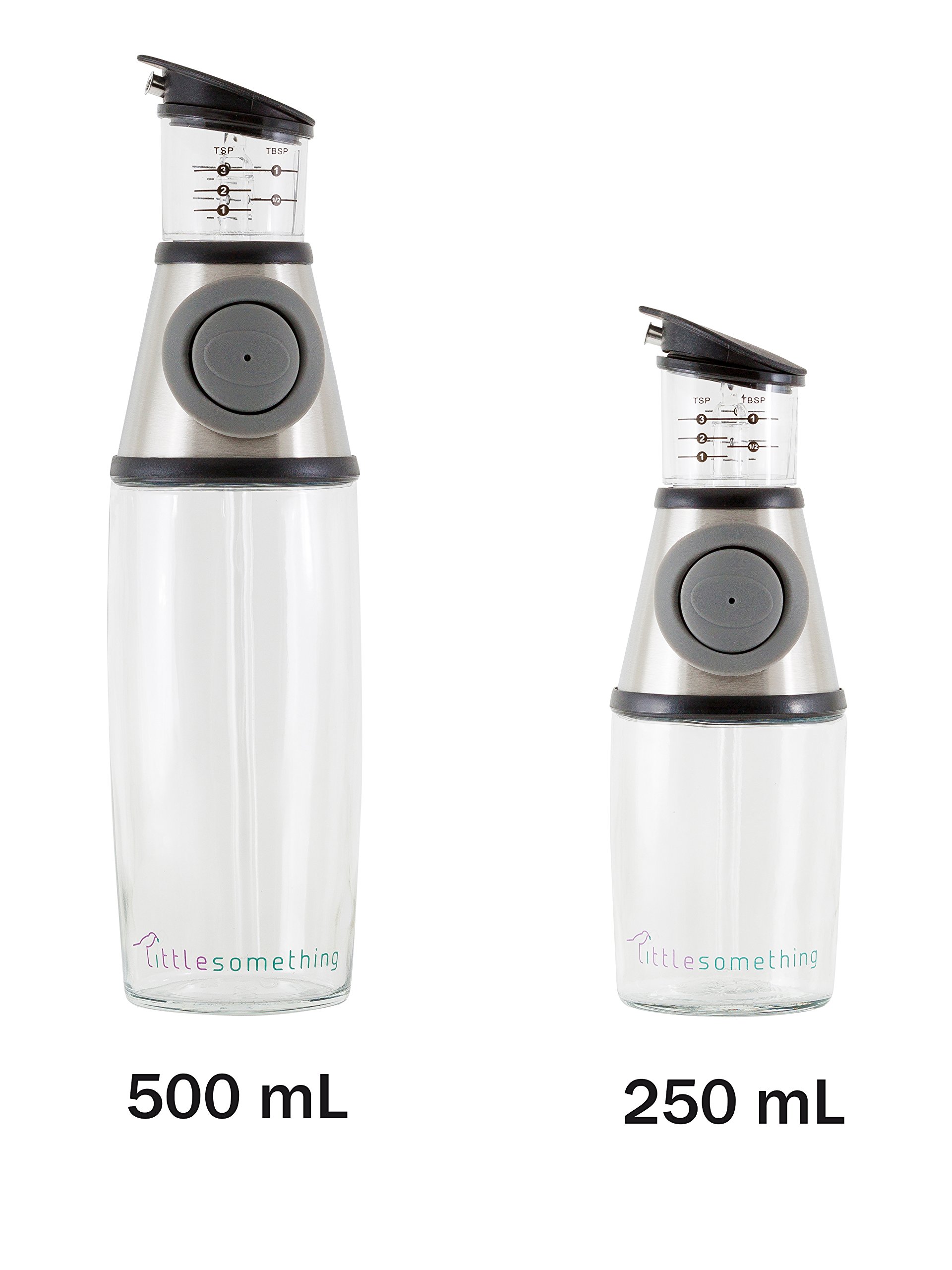 LittleSomething Olive Oil and Vinegar Dispenser - Glass Oil Bottle Non Drip 11 Ounce - Measuring Oil Pourer for Kitchen - Stainless Steel Silver