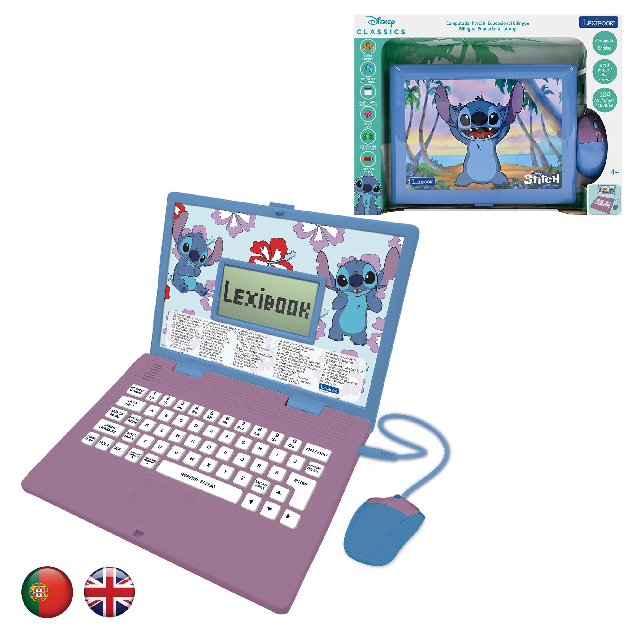 LEXIBOOK, Disney Stitch, Bilingual ENGLISH/PORTUGUESE Educational Laptop, 124 Language Activities, Writing, Maths, Logic, Music, and Games, Boys and Girls, JC598Di4