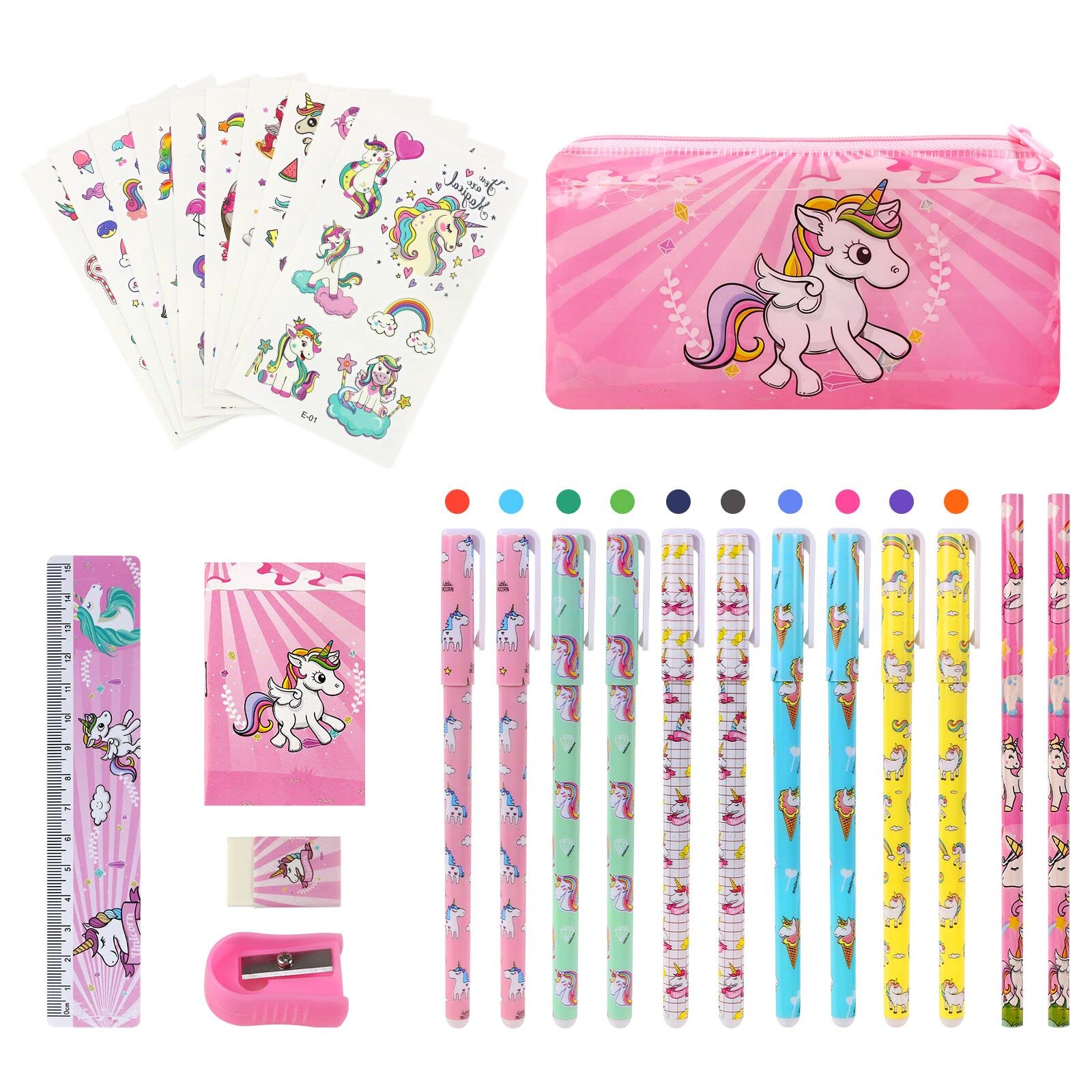 Vicloon Unicorn Gift for Girls, 27Pcs Unicorn Stationery Set School Supplies with Waterproof PVC Pencil Case, Notebook, Pens, Pencils, Sharpener, Eraser, Ruler, Unicorn Tatto Toys Gift Sets