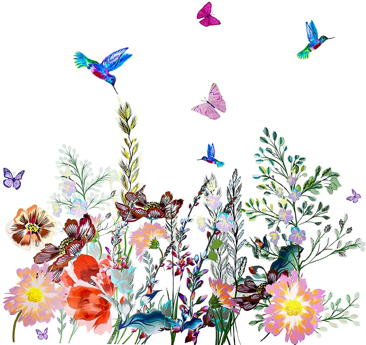 Photo 1 of Maydahui Garden Flowers Wall Decals Hummingbird Flower Clusters Wall Stickers (21.6 x 29.5Inch) Vinyl Peel & Stick Removable Butterfly Floral Art Mural Decor for Bedroom Offices Classroom Living Room