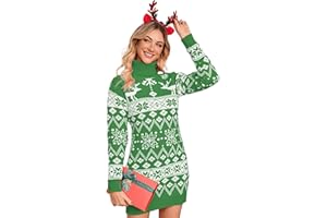 DancingsYarns Womens Christmas Ugly Sweater Dress 2025 Holiday Turtleneck Long Sleeve Pullover Reindeer Mini Dresses