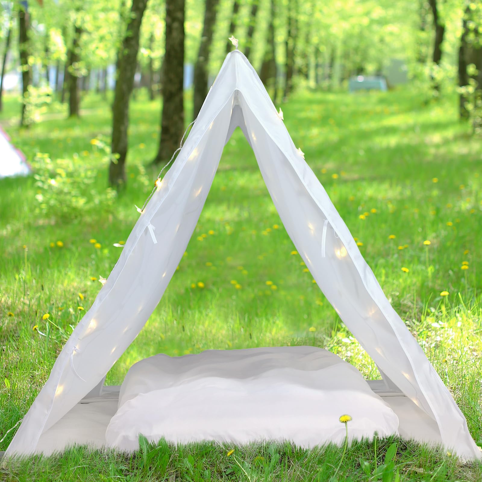 5 Pcs Sleepover Tent Set for Kids Includes Teepee Tent Inflatable Airbed (with Air Pump) 2 Fitted Sheets Star Lights String, Kids Travel Bed Inflatable for Girls Boys Indoor Outdoor