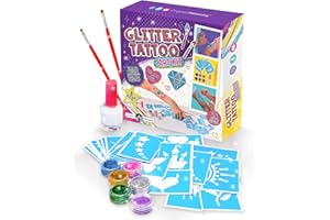 Original Stationery Glitter Tattoo Kit for Girls, 33-Piece Set with 24 Stencils, 6 Glitter Colors, Brushes & Adhesive, Creative Body Art Activity, Christmas Gift & Fun Holiday Party Supply