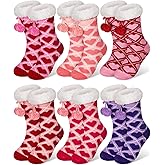 Berlune 6 Pairs Fuzzy Heart Socks for Galentines Day Valentine Women Gifts with Grip Winter Non Slip Slipper Fluffy Winter Warm Lamb Fleece Heart Socks for Girlfriend The Best Friends Valentine's Day