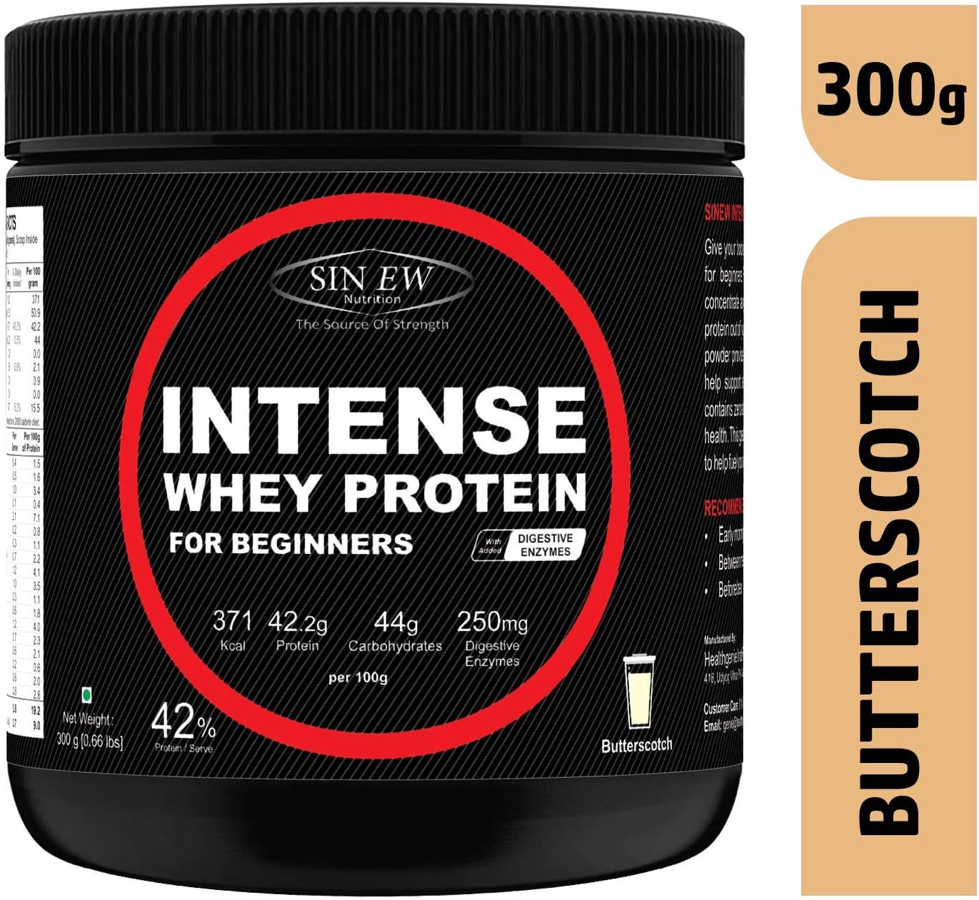 Sinew Nutrition Beginner's Intense Whey Protein Supplement with Digestive Enzymes, 300gm, Butterscotch
