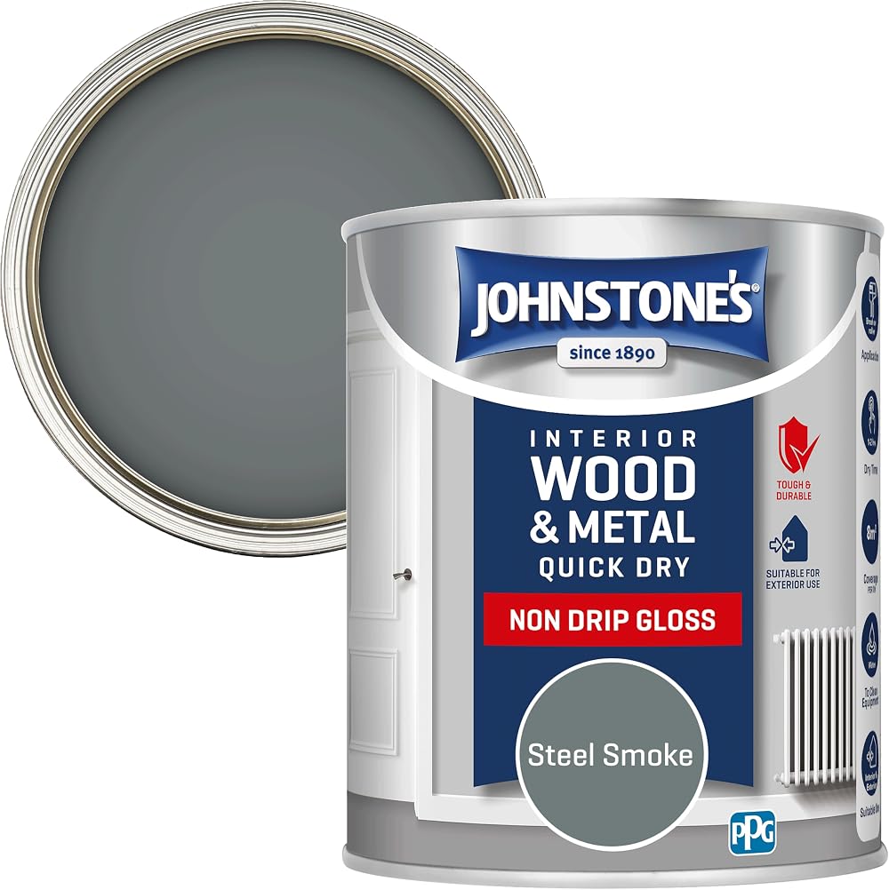 Johnstone's Wood Metal Gloss Paint Steel Smoke 750ml Water Based Quick Dry Low