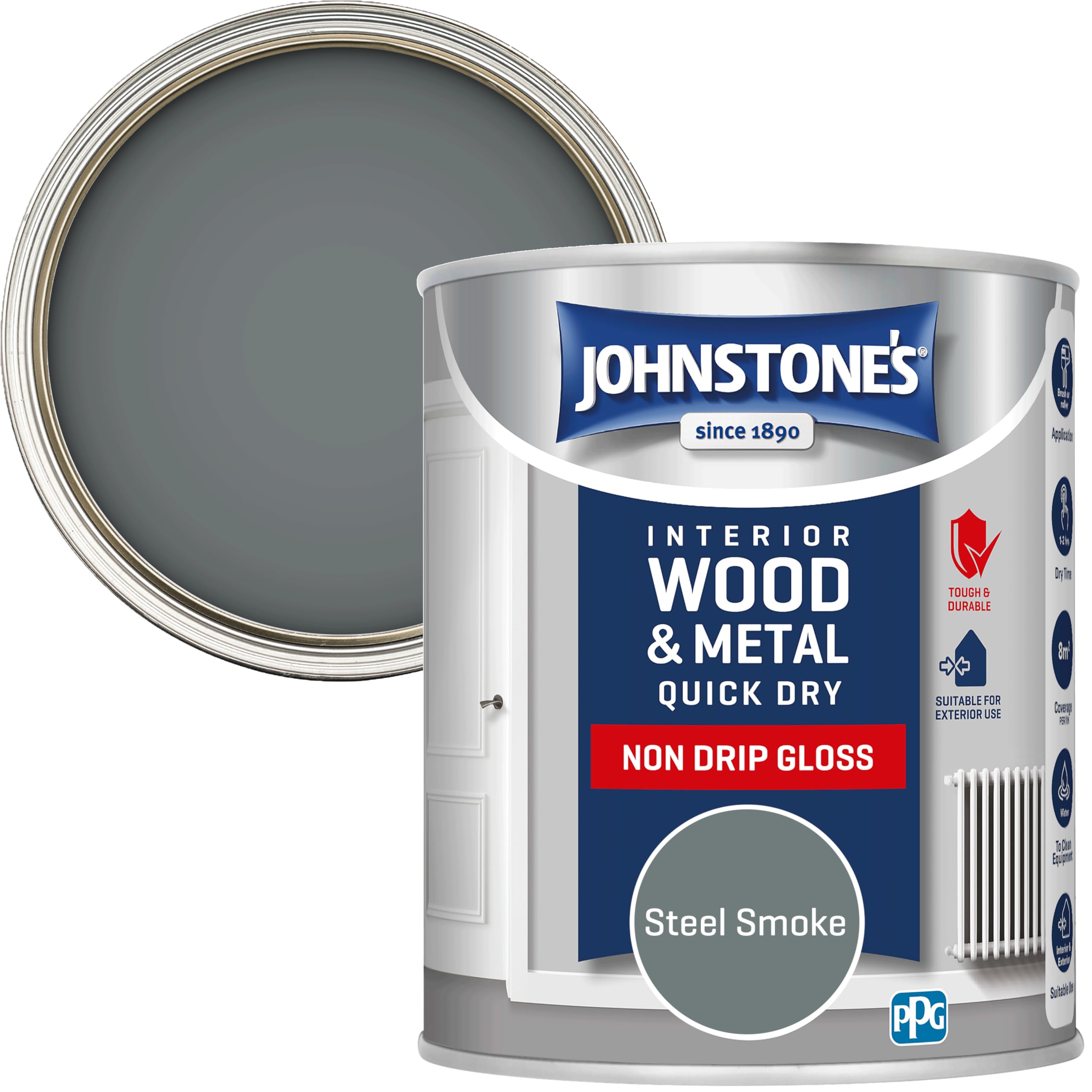 Johnstone's - Wood & Metal Paint - Gloss Finish - Steel Smoke - 750ml - Water Based - Non Drip & Quick Drying - Radiator Paint - Low Odour - Dry in 1-2 Hours - 8m2 Coverage per Litre