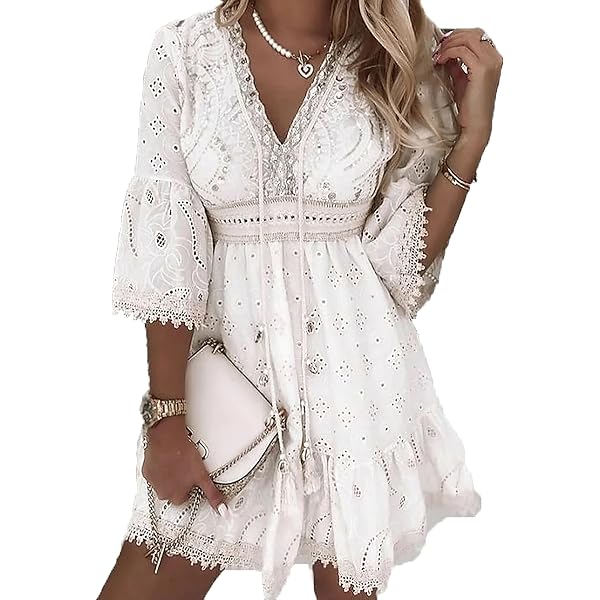 Womens Fringe Lace Boho Floral Dress V Neck Embroidered High Empire Waist  Flowy A Line Short Dresses Summer Casual 3/4 Sleeve Ruffle Mini Dress for  Ladies Vintage Drawstring Beach Dress S at