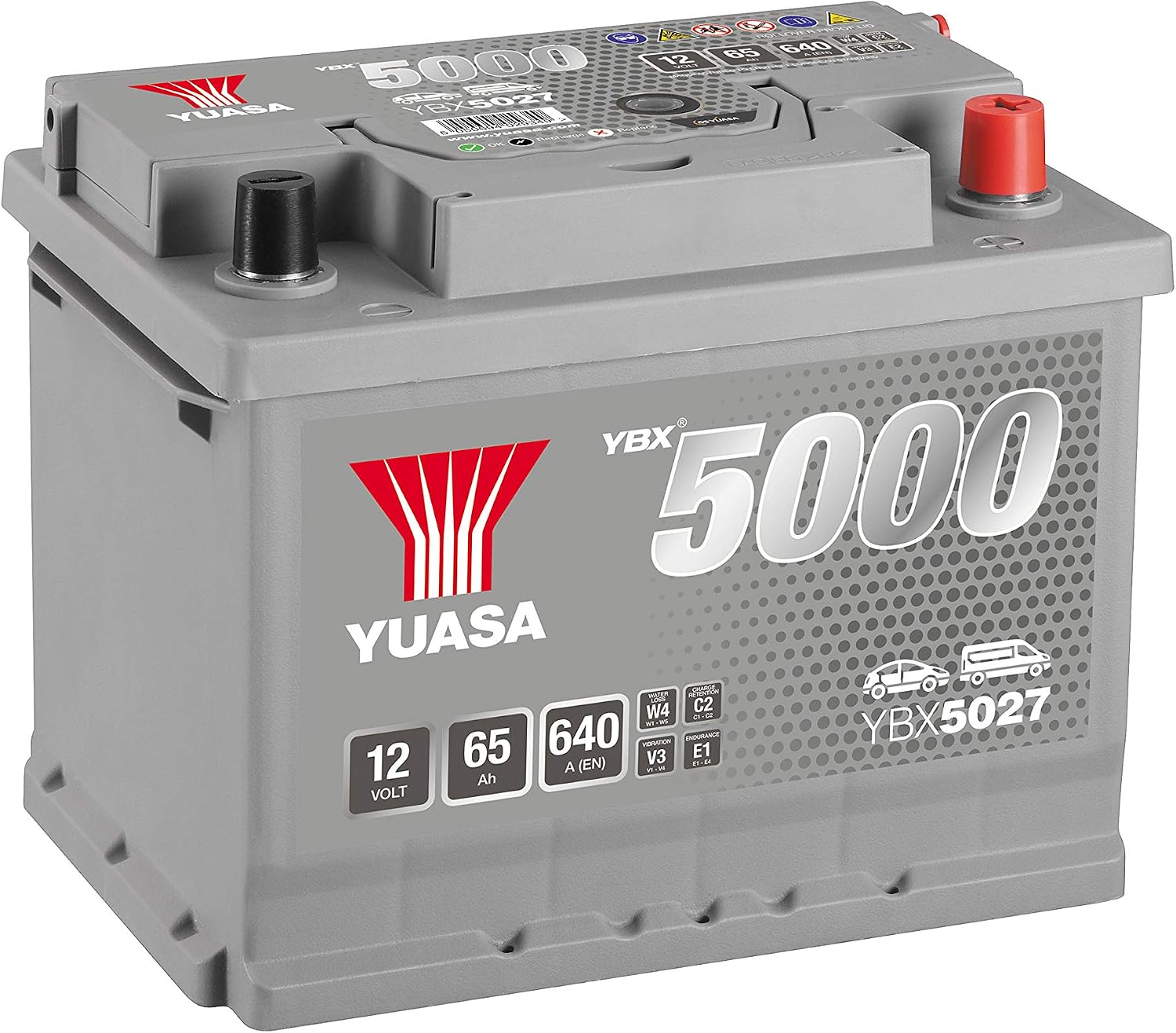 Yuasa YBX5027 12V 65Ah 640CCA Silver Sealed Maintenance Free High Performance Car Battery, 24.3 x 19 x 17.5 centimetres