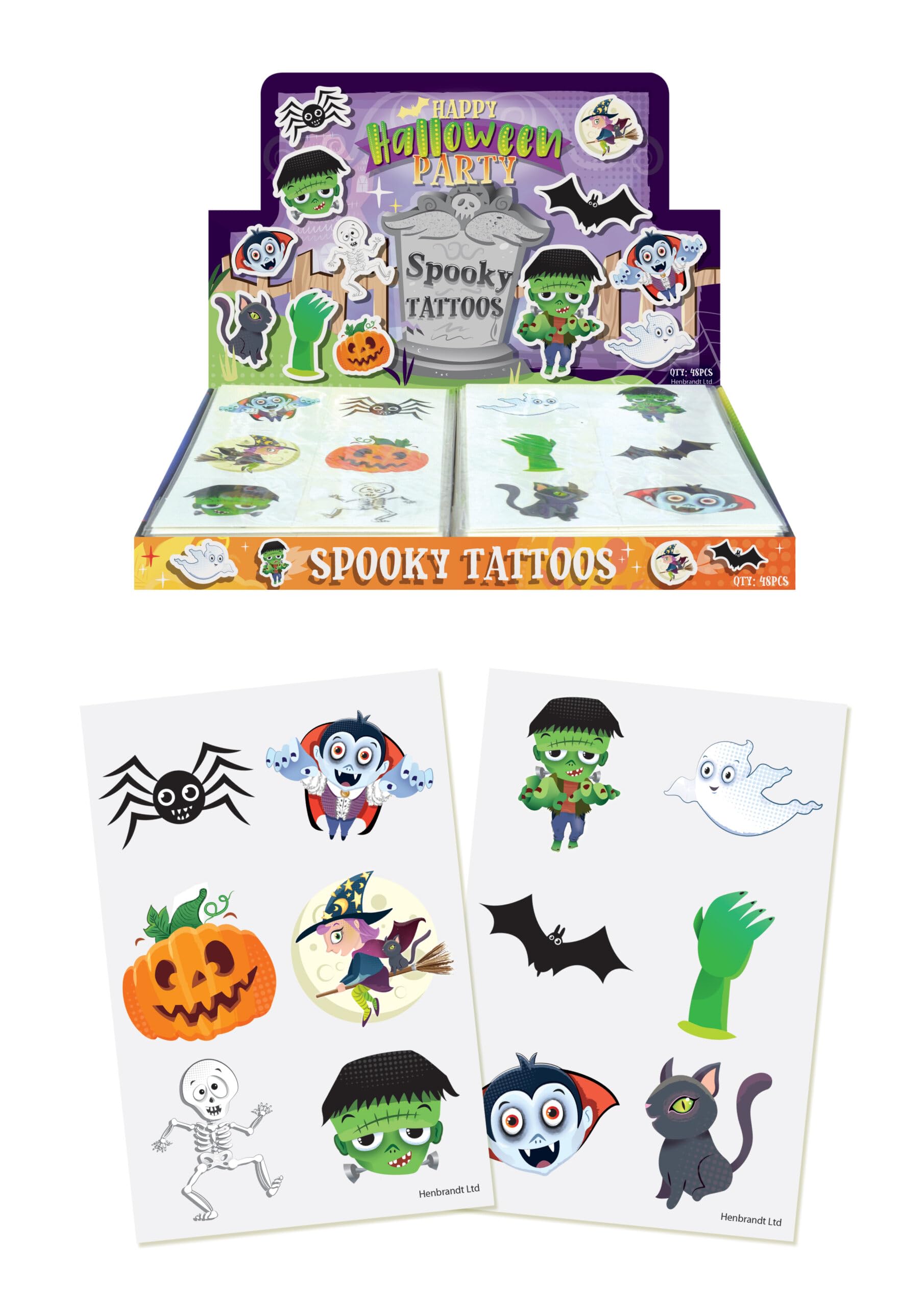 Henbrandt 48 x Mini Temporary Tattoos for Children 12pc Packs Kids Halloween Party Bag Favours Loot Bag Fillers Spooky Lucky Dip Trick or Treat Favours for Boys and Girls