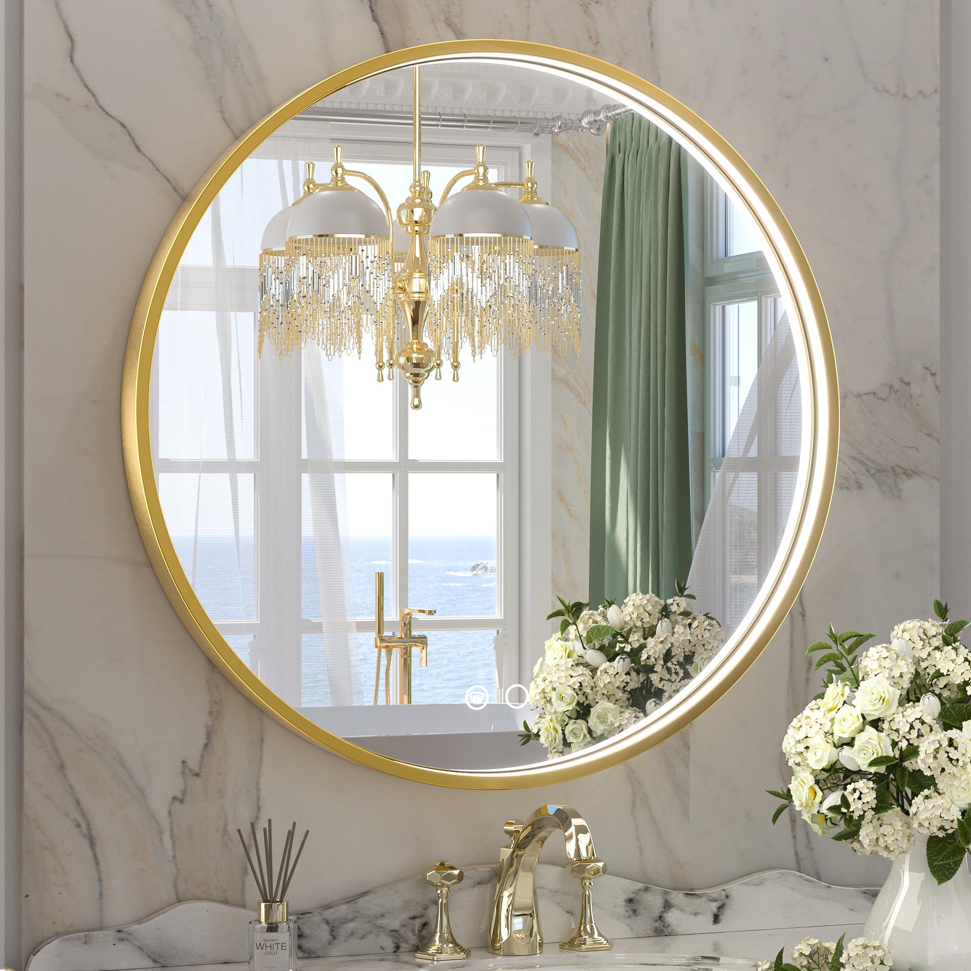 Photo 1 of Keonjinn 24 Inch Gold Round LED Bathroom Mirror with 3000K/4500K/6000K Lights, Framed Front Lighted Circle Mirror Dimmable, Lighted Vanity Makeup Mirror with Anti-Fog UL Listed CRI?90