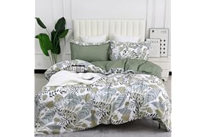 Helthep Floral Duvet Cover Queen, 100% Cotton Tropical Leaves Pattern Duvet Cover, 3Pcs Reversible Olive Green Botanical Floral Printed Comforter Cover, Luxury Farmhouse Bedding for Summer