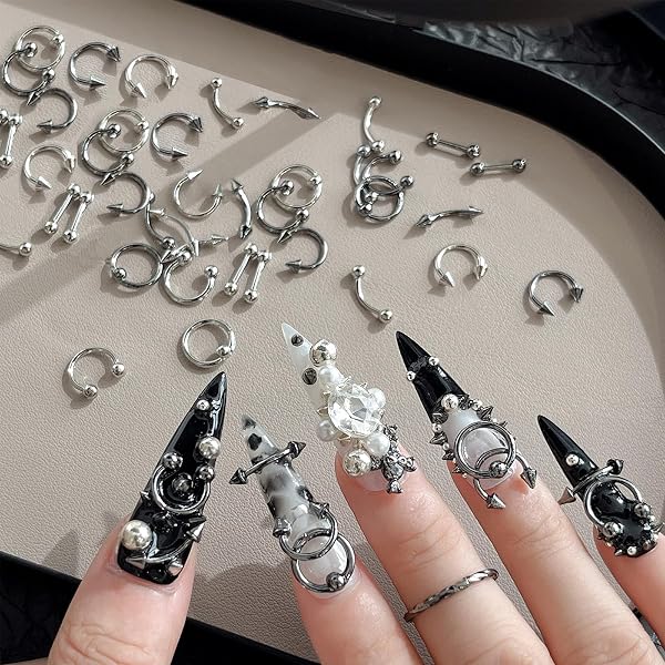 BAIYIYI 3D Metall Punk Nagel Charms & Ringe – 14-teilig, Wolframkarbid-Stahl, Für Gothic- Und Y2K-Nageldesigns