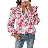 SHEWIN Women's Blouses Split V Neck Mixed Floral Print Long Sleeve Chiffon Fall Tops Striped Trim Shirts
