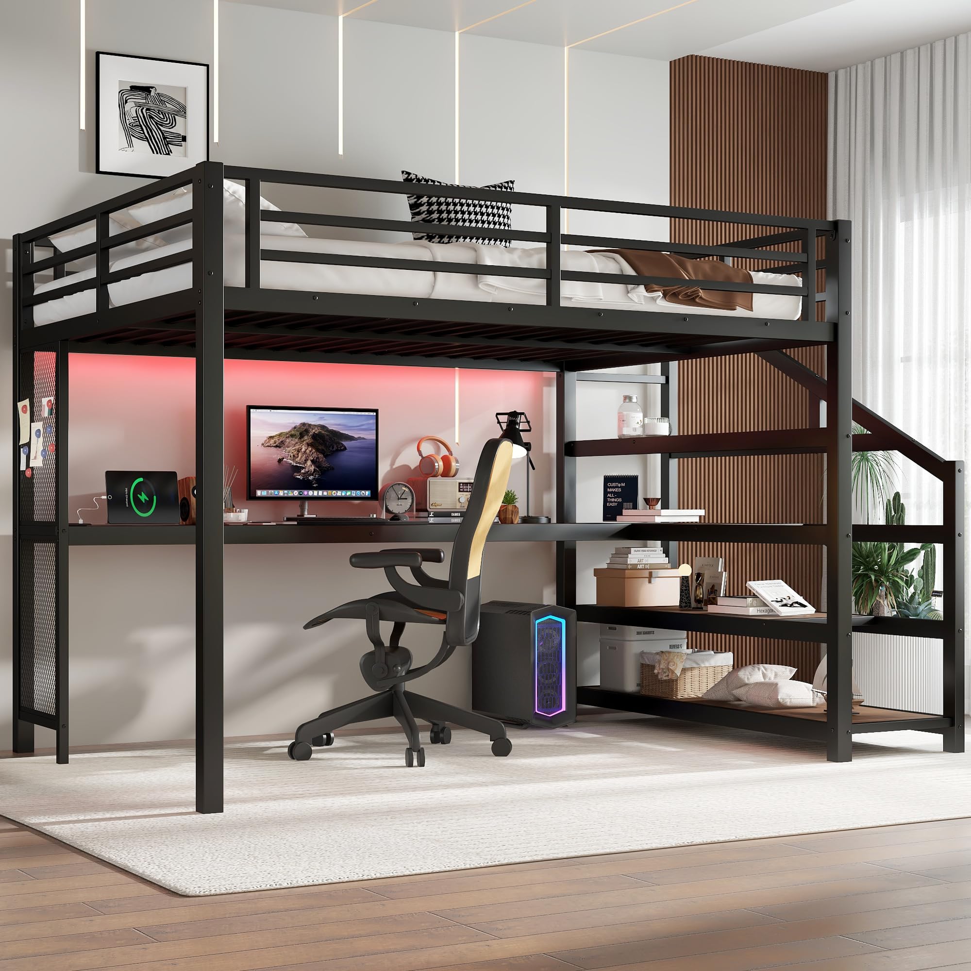 Photo 1 of *************Missing screws and instructions for assembly******************
Metal Queen Size Loft Bed with Desk and Storage Stairs,Heavy Duty Loft Bed Frame Queen Size with LED Lights and Charging Station for Kids,Teens,Adults,Black