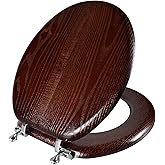 Angel Shield Durable Wood Veneer Natural Toilet Seat Metal Hinged Easy Clean Anti-scratch American Standard(Round,Dark Walnut