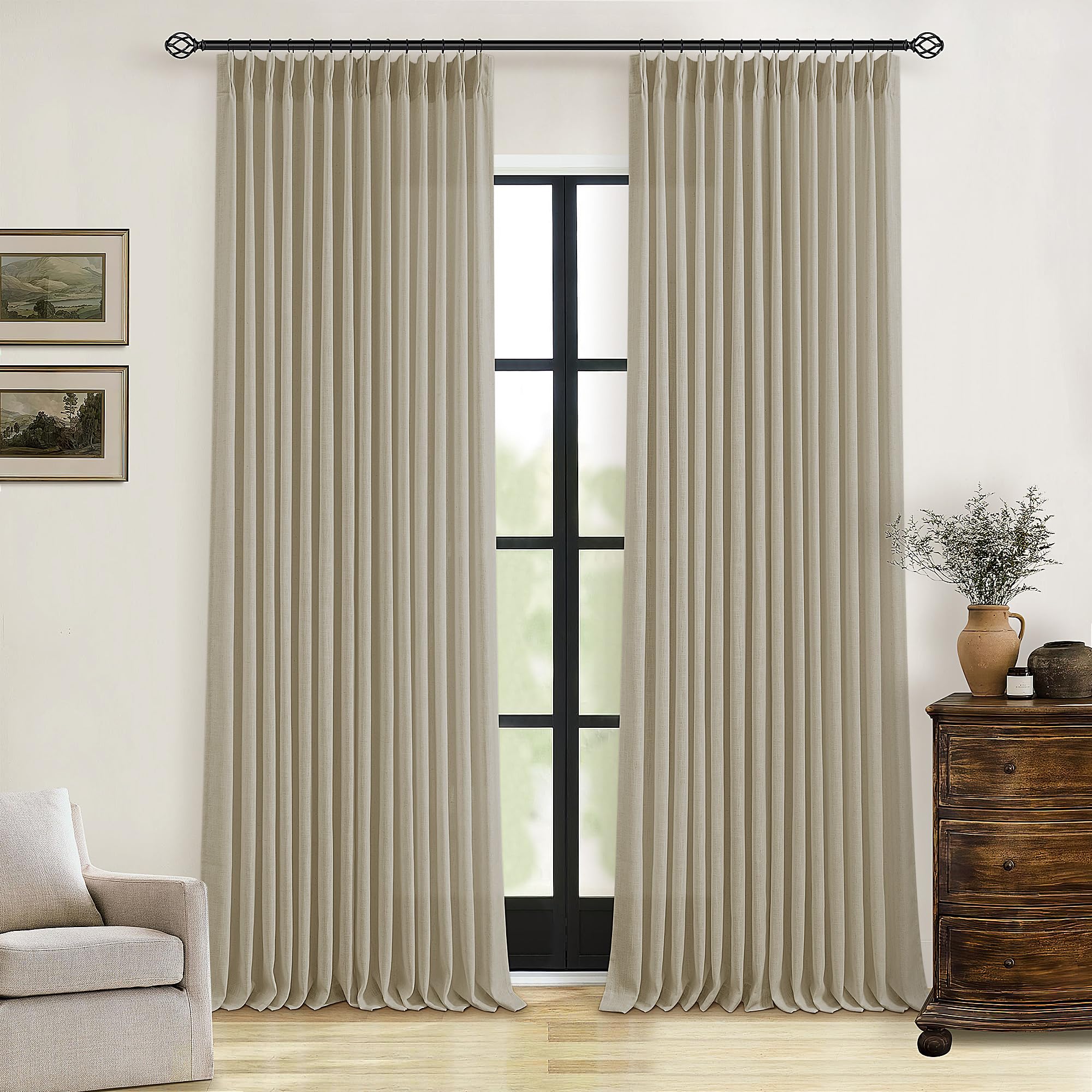 Photo 1 of Farmhouse Pleated Linen Khaki Curtains 102 Inches Long 2 Panels Set for Living Room Bedroom Rustic Boho Cotton Linen Oatmeal Back Tab Memory Shape Pinch Pleat Ceiling Floor 102 Inch Window Curtain